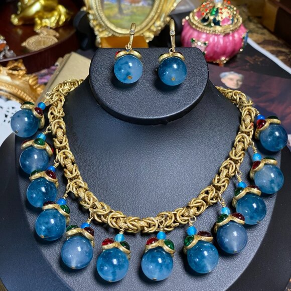 Stunning Vintage Palace Style Blue Gemstone Necklace & Earring Set - Picture 4 of 7